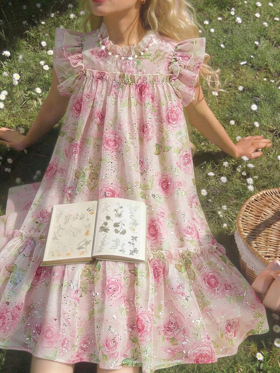 Tween Girls' Elegant Rose Print Chiffon Dress, Summer - Multicolor - View 1