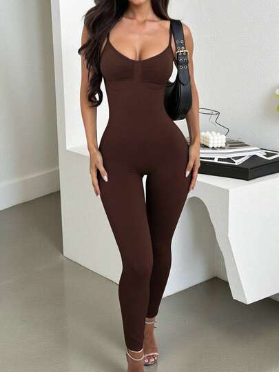 SHEIN Women's Solid Color Casual Sexy Everyday Jumpsuit Night Dark Brown Summer