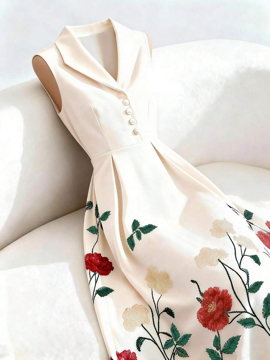 SHEIN Franclia 女士中长款无袖印花A字喇叭下摆翻领收腰连衣裙，适合度假、海滩、情人节、约会、晚宴等场合 - 彩色 - 查看 1