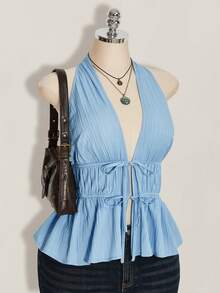 SHEIN ICON 大尺碼女款度假掛脖綁帶前領結荷葉邊露背上衣，沙灘度假上衣，夏季約會穿搭 - 藍色 - 查看 8