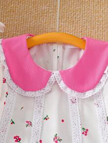 Elladie kids 少女甜美花卉印花夏季洋裝，白色仙女派對復古田園風泡泡袖彼得潘領蕾絲飾邊荷葉邊裙襬優雅洋裝 - 白色 - 查看 4
