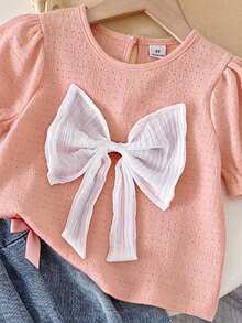 SHEIN Playful Pals 2件組少女夏季生日套裝，針織短袖上衣配大尺寸白色蝴蝶結，紅色蝴蝶結裝飾百褶裙，復古甜美街頭風 - 粉色 - 查看 7