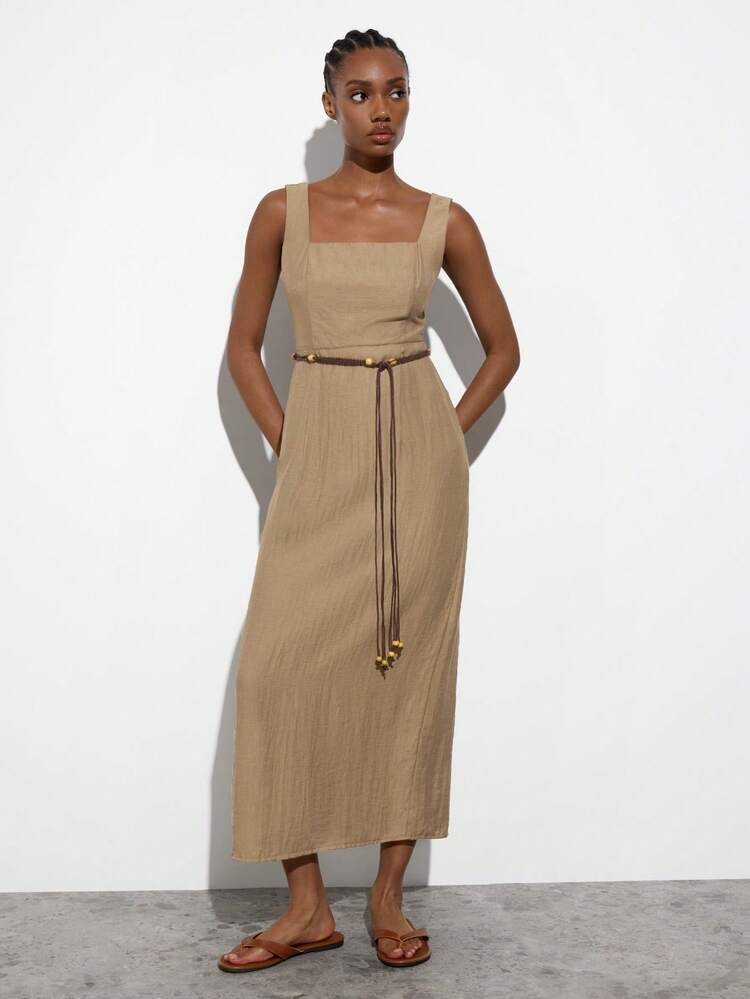 SHEIN Maija Women's Summer Casual Vacation Minimalist Solid Color Square Neck Waist Tie Long Dress, Summer Dresses, Summer Clothes, Summer Outfits, Spring Outfit , Spring Dress Women , Festival Dresses , Elegant Party Dresses, Beach Dresses , Beach Outfit For Women ,Beach , Casual Dresses For Women , Casual Women's Dresses, Holiday Outfits For Women, Vacation Outfits For Women, Holiday,Summer Dresses For Women