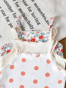 SHEIN Set de 3 piezas de mono de punto con estampado floral y de lunares para bebés niñas, cómodo y versátil, ideal para uso diario, vacaciones y playa, primavera/verano - Multicolor - Ver 3