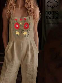 Balvessa Bộ áo liền quần yếm nữ họa tiết thêu hoa, kiểu dáng thường ngày, thích hợp mặc hàng ngày. - Lạc đà - Xem 3