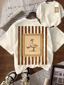 EMERY ROSE Áo thun nữ cổ tròn tay ngắn in hình ngỗng nhảy múa kẻ sọc cổ điển, kiểu dáng thường ngày, thích hợp cho mùa xuân hè. - Màu be - Xem 1