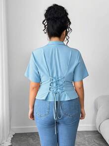Elenzga Plus Size Fashionable Elegant Short Sleeve Asymmetrical Hem Blouse - Blue - View 2