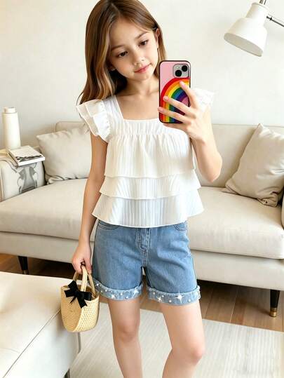 Elladie kids Bộ 2 món quần jeans cho bé gái, áo croptop viền bèo nhún thời trang + quần short denim đính đinh tán và ngọc trai, phù hợp cho mặc thường ngày, thể thao, đi học.