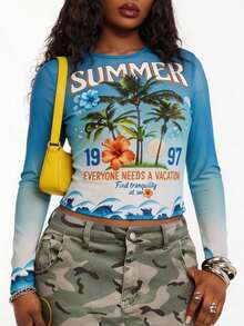 Radiana Plus Size Women's Light Blue Autumn 90s Vacation Holiday Coconut Tree Ombre Print Sheer Mesh T-Shirt BOHO Y2k Beach Beach Vacation Music Festival - Multicolor - View 6