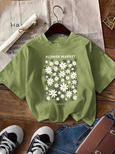 EMERY ROSE Blusa de mujer de manga corta con estampado de margaritas, cuello redondo, de tela elástica casual, lavable a máquina, blusa de primavera para mujer