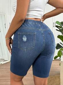 SHEIN Frenchy 母亲节加大码蓝色牛仔破洞休闲打底裤，适合夏季穿着 - 藍色 - 查看 2