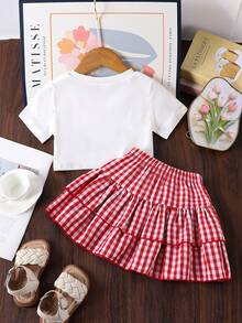 Genkimix Kids Setelan Motif Cherry untuk Anak Perempuan, Atasan Lengan Pendek Putih dan Rok Ruffle Kotak-kotak Merah, Musim Panas, Pakaian Serasi untuk Liburan Keluarga Anak-anak, Setelan Pakaian Manis 2 Potong - Merah - View 2