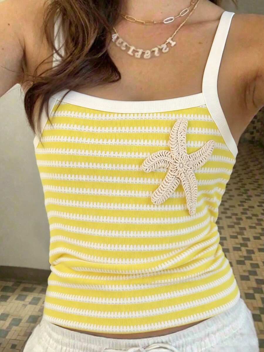 Tween Girls' Striped Camisole, All-Match Casual Versatile Style, Suitable For Daily Outings, Travel, School And Other Occasions - Yellow - View 1