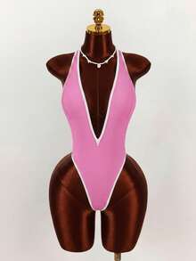 Amplova 一件式女士黑白撞色性感连体衣，紧身连体泳衣，深V领，露背蝴蝶结设计，适合情人节高端装扮 - 粉色 - 查看 9