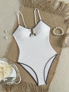 Swim Lushoire Traje de baño de una pieza ajustado, sexy, con escote en U, tirantes finos, textura especial, cuentas blancas y espalda hueca, para vacaciones de verano en la playa de las mujeres, 2026 nuevo - Blanco - Ver 1