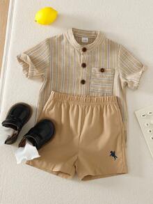 SHEIN Playful Pals 6-36个月男女宝宝两件套，卡其色条纹小熊印花短袖衬衫+纯色松紧腰短裤，儿童休闲夏季服装套装 - 卡其色 - 查看 3
