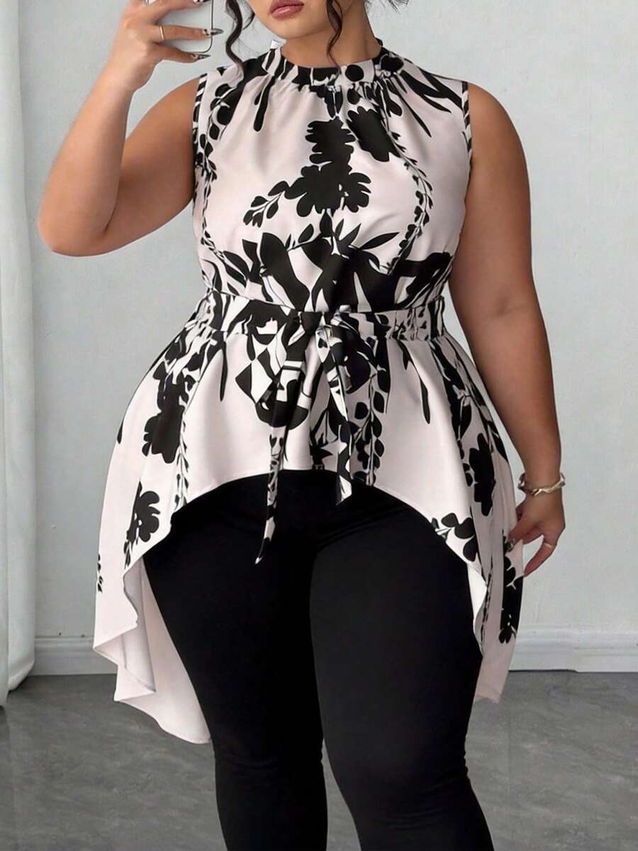 SHEIN CURVE+ 大码女式印花不对称下摆上衣 - 彩色 - 查看 1