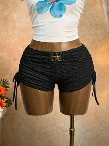 Lyxana Women's Fashionable Sexy Bodycon Shorts With Metal Buckle Decor, Drawstring Waist And Ruched Side, Suitable For Vacation And Daily Wear - Black - View 5