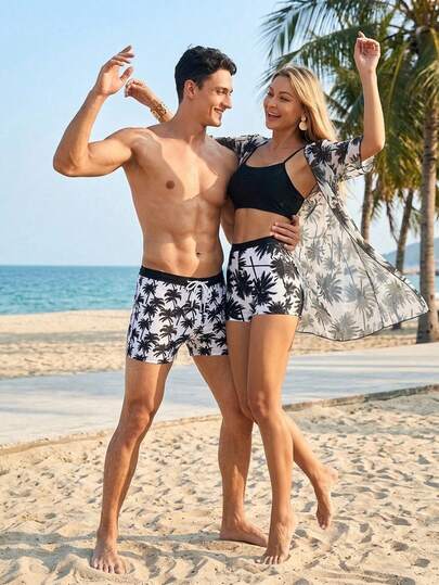 Manfinity Swimmode 2026 New Plus Size Men's Coconut Tree Pattern Board Shorts, Comfortable Casual Beach Party Swim Trunks