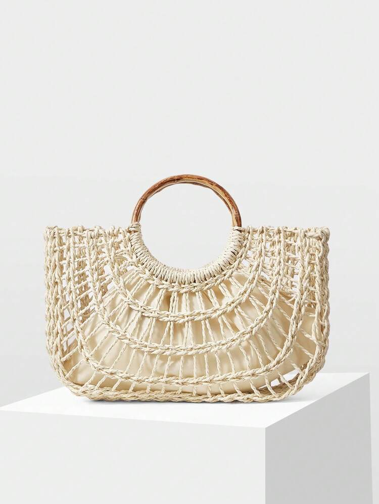 WOMEN'S FASHION HOLIDAY BEIGE HOLLOW STRAW HANDBAG, LARGE-CAPACITY PORTABLE TOTE BAG, SUITABLE FOR VACATION TRAVEL, BEACH AND SEASIDE MATCHING