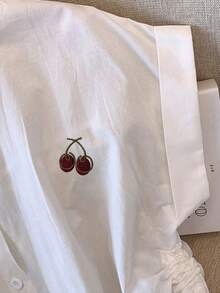 INAWLY Women's Cherry Pattern Short Sleeve Side Drawstring Casual Shirt - White - View 5