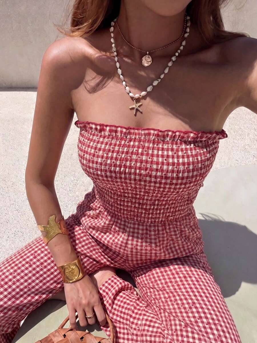 Sunnyshic Bộ jumpsuit ống rộng, lưng trần, chất liệu vải jacquard kẻ caro đỏ trắng, thích hợp cho nữ mùa xuân/hè, phong cách bohemian, thanh lịch, lãng mạn, tối giản và mặc hàng ngày. - Đỏ và trắng - Xem 1