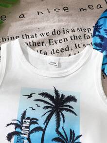 SHEIN Playful Pals 男婴三件套夏季套装：白色时尚字母印花背心、棕榈树印花沙滩短裤、配套帽子，适合海滩度假、日常休闲穿着和户外活动 - 藍色 - 查看 8