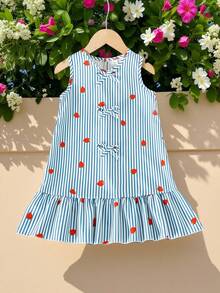 Elladie kids 少女夏季活力可爱条纹草莓印花喇叭下摆无袖连衣裙，适合度假和日常穿着 - 藍色 - 查看 5