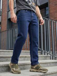 Jeans para hombre Azul Marino marca E X estilo clásico y moderno, Pantalones de mezclilla cómodos y versátiles,  slim fit, ideales para uso diario, trabajo o estilo casual - Azul Marino - Ver 2