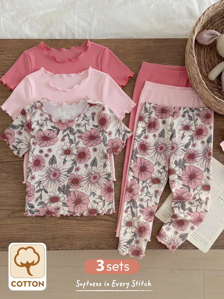 Cozy Pixies Conjunto de pijama cómodo de 6 piezas para bebé niña, con diseño floral de dibujos animados, cuello redondo, manga corta y pantalones, estilo pixie acogedor - Multicolor - Ver 1