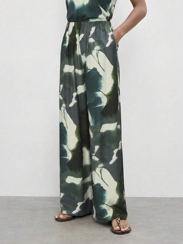 SHEIN Maija Women's Tie-Dye Asymmetrical Hem Halter Neck Sleeveless Top And Pocketed Casual Pants 2-Piece Set