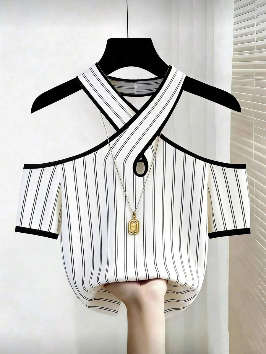 GlowEve 女士露肩吊带条纹T恤，优雅夏日度假风 - 彩色 - 查看 1