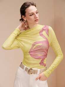 SHEIN Revavyn 性感透視修身時尚上衣 - 黃色 - 查看 4