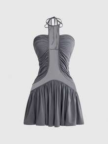 ROMWE Y2K Party Music Festival Outfit Mesh Patchwork Beaded Halter Mini Dress - Dark Grey - View 3
