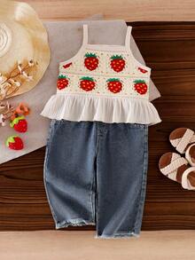 SHEIN Bộ đồ thường ngày thoải mái cho bé gái gồm áo hai dây thêu hoa và quần jean màu trơn, trang phục dễ thương đón nắng hè cho những chuyến đi chơi. - Màu be - Xem 7