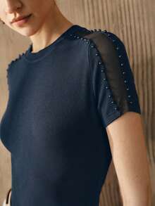 Arave Camiseta de manga corta casual, de fiesta, de cita o de vacaciones para mujer, con cuello redondo, parches, malla calada y ajustada - Azul - Ver 6