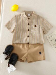 SHEIN Playful Pals 6-36个月男女宝宝两件套，卡其色条纹小熊印花短袖衬衫+纯色松紧腰短裤，儿童休闲夏季服装套装 - 卡其色 - 查看 5