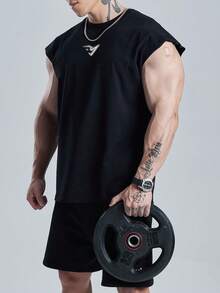 GymBeat 男士几何印花休闲健身运动背心 - 黑色 - 查看 4
