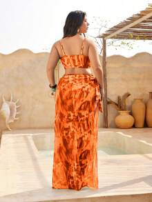 Swim High-End Beach Vacation! 3-Piece Bikini With Skirt In A Flattering, Whitening Green Tie-Dye - 橘色 - 查看 2
