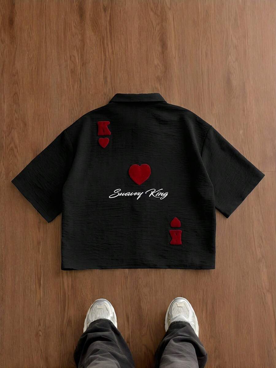 Manfinity Unisex 男士休闲心形字母刺绣衬衫，夏季 - 黑色 - 查看 1