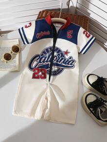 SHEIN Playful Pals 1件婴儿/幼儿男童时尚赛车服务字母徽章印花撞色设计拉链套装，方便外出穿着 - 彩色 - 查看 2