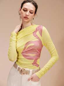 SHEIN Revavyn 性感透視修身時尚上衣 - 黃色 - 查看 2