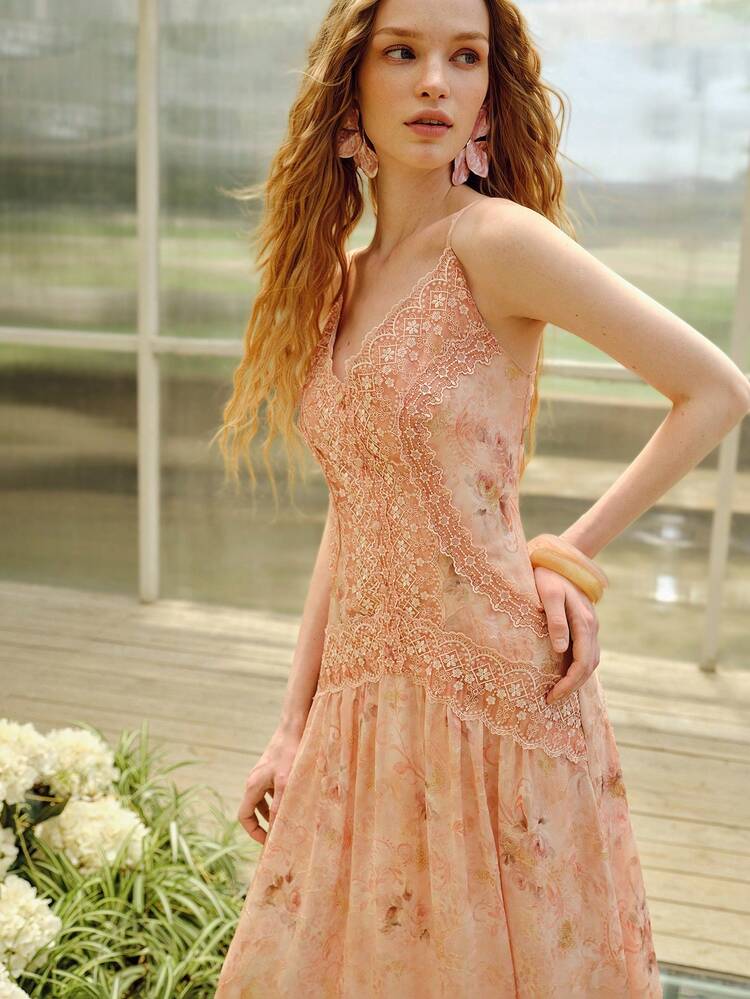 WOMEN'S CONTRAST LACE FLORAL PRINT SLIP DRESS
