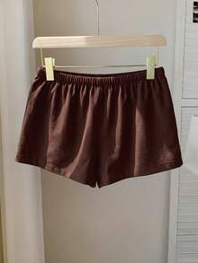 Comfortcana Celana Pendek Katun Linen Polos Kasual Wanita, Musim Panas - Coklat - View 2
