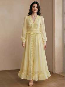 Anewsta Elegant Luxury Lace Patchwork Slim Fit Long Dress, Suitable For Spring To Summer, Dresses Party, Women, Floral - Light Yellow - View 7