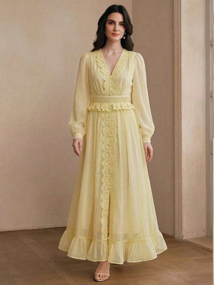Elegant Luxury Lace Patchwork Slim Fit Long Dress, Suitable For Spring To Summer, Elegant Dresses For Party, Elegant Dresses For Women, Floral Dresses For Women