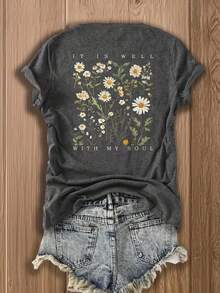EMERY ROSE Vintage Style Women's T-Shirt - Charming Daisy Floral, Double-Sided Printing, And Comfortable For Casual Summer Outfits, Everyday Wear - Dark Grey - View 2