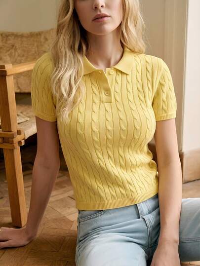 BizChic Áo polo cổ bẻ màu vàng dệt kim cho nữ, đa năng, phù hợp cho công sở, trang trọng, thường ngày, lãng mạn, phong cách Y2K, retro thập niên 90, tiệc tùng, đám cưới, mặc hàng ngày.