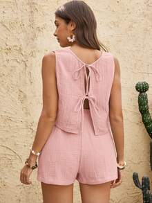 Boho Mama 2pcs Maternity Solid Color Crisscross Back Tank Top And Adjustable Waist Shorts Set - Dusty Pink - View 8