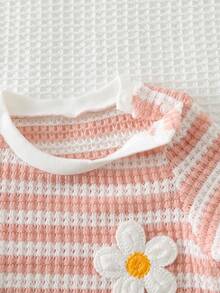 Cozy Pixies Bộ đồ sơ sinh dễ thương gồm áo thun ngắn tay kẻ sọc phối màu và quần short cạp chun. - Hồng - Xem 3